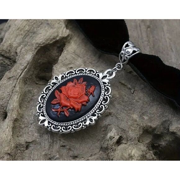 New! Gothic Style Black Velvet Choker With Oval Shaped Red Floral in Relief Pend - Picture 2 of 3